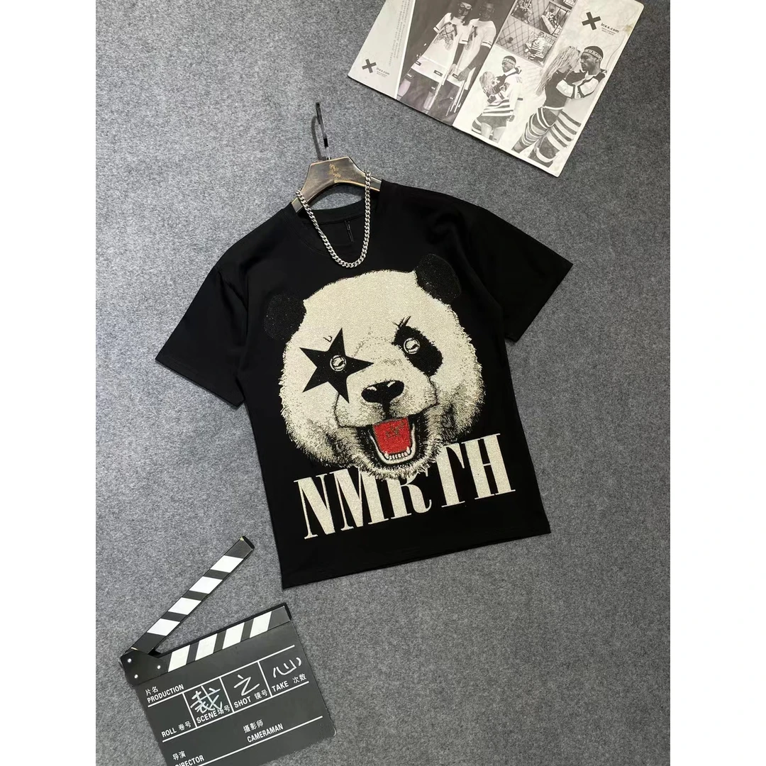 蕴格 11813新款潮牌烫钻大熊猫满钻短袖T恤大码潮宽松韩版半袖t恤