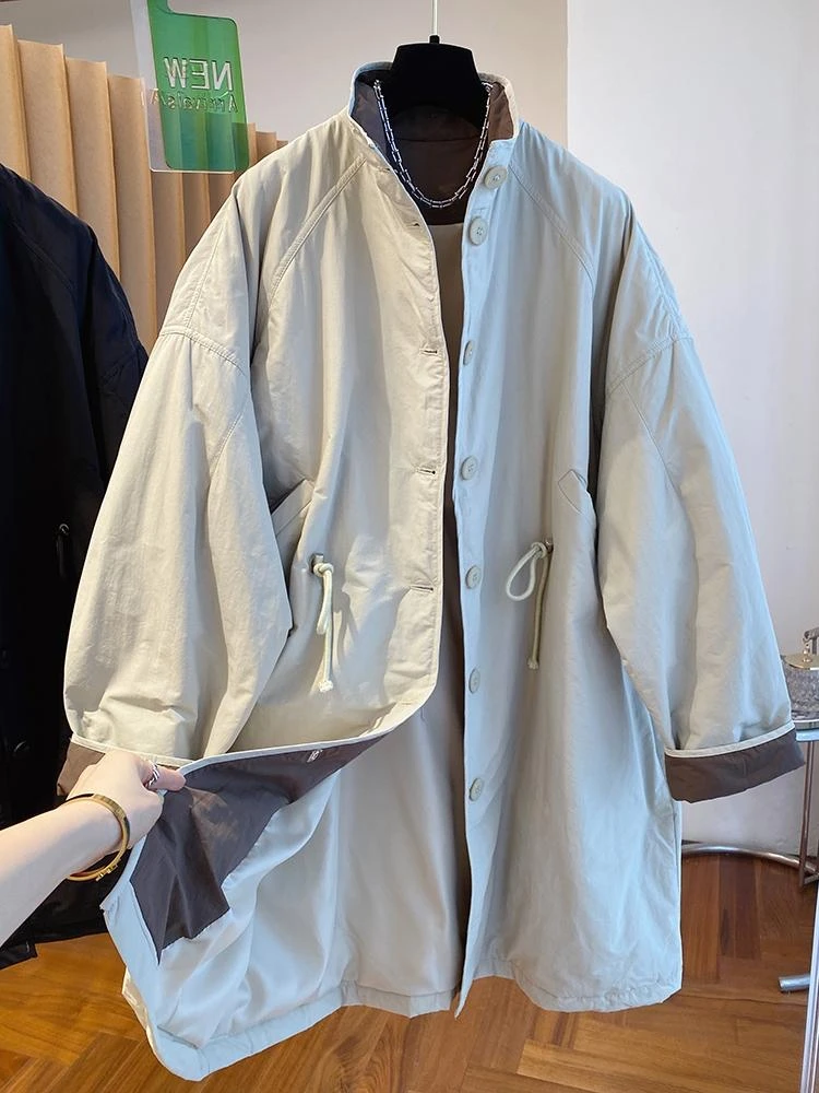 韩版高端气质欧货立领轻薄棉服女冬季中长款2025新款宽松夹棉风衣
