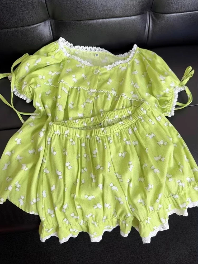 夏日小清新甜美花边小狗印花短袖睡衣女可外穿大码短裤家居服套装