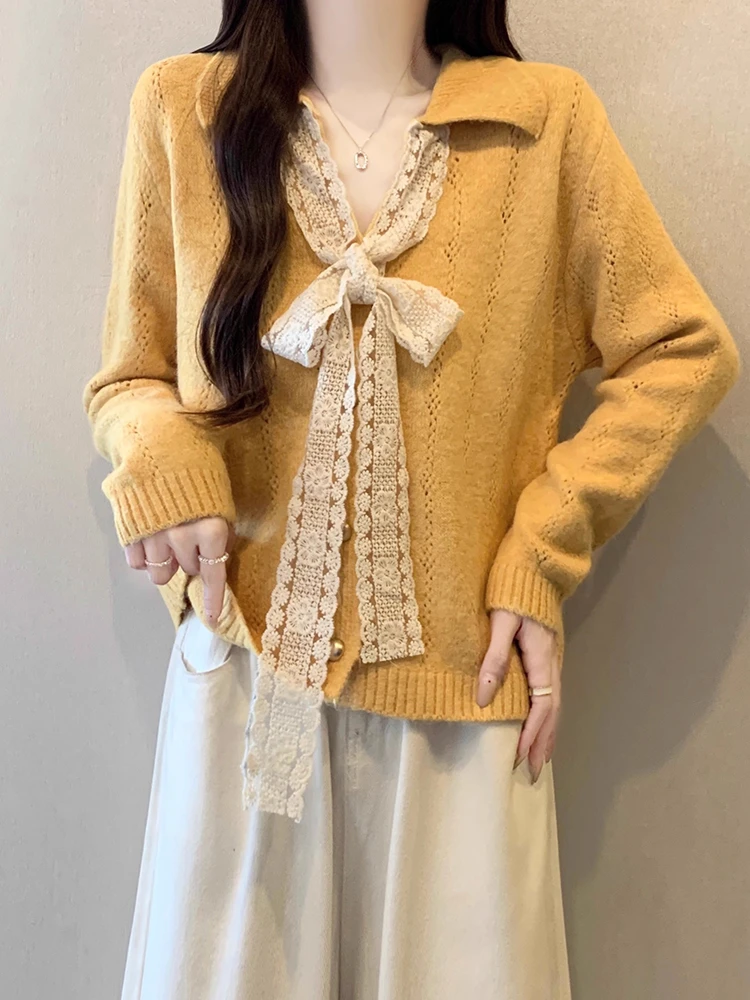 超好看黄色翻领针织衫正肩毛衣女2025秋新款大码胖mm今年流行上衣