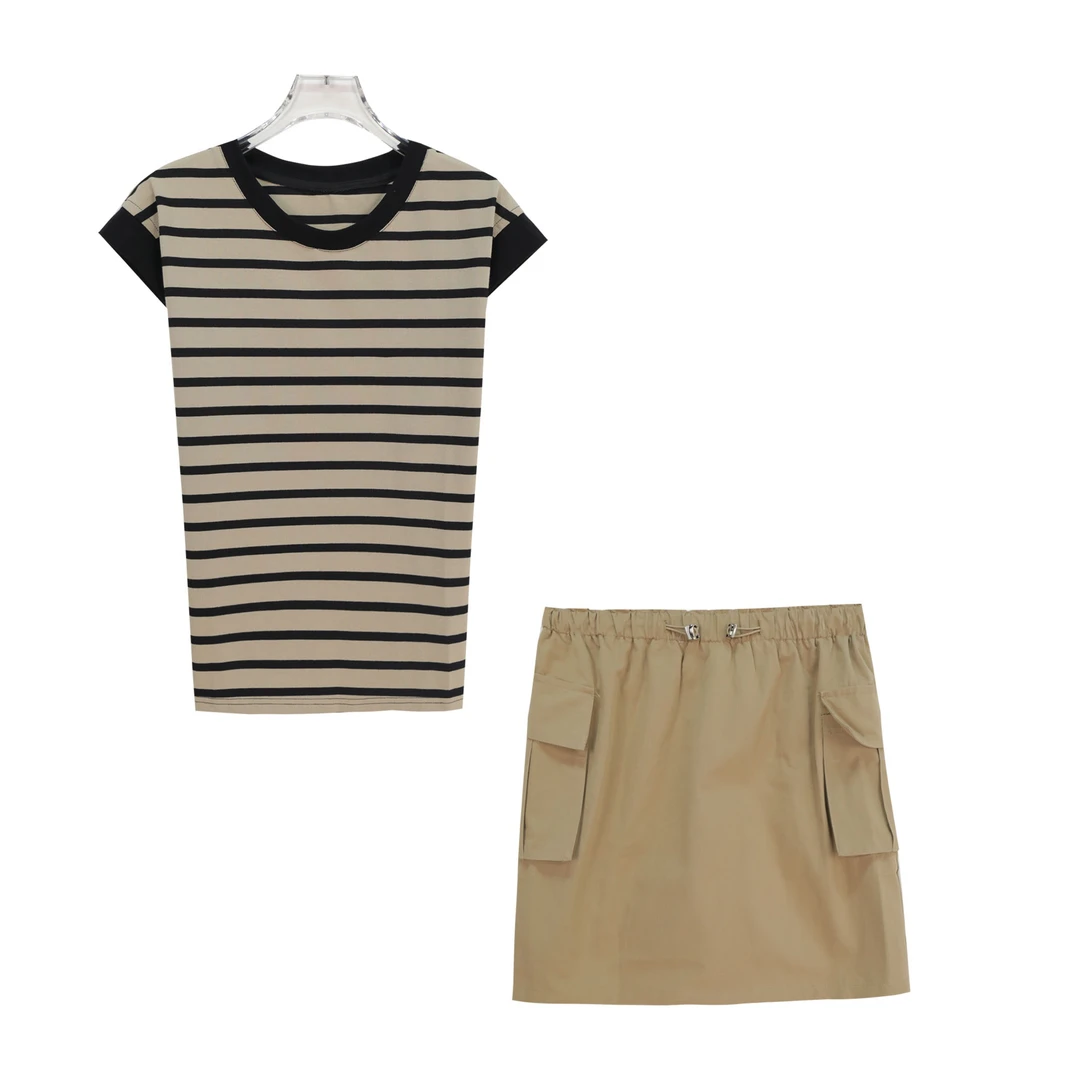 时尚条纹落肩无袖背心T恤工装短裙半裙套装S845