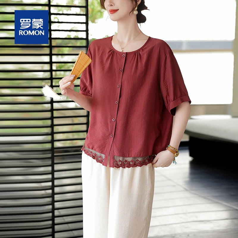 罗蒙小个子妈妈夏装洋气薄款小衫套装新款中老年女装休闲短袖上衣