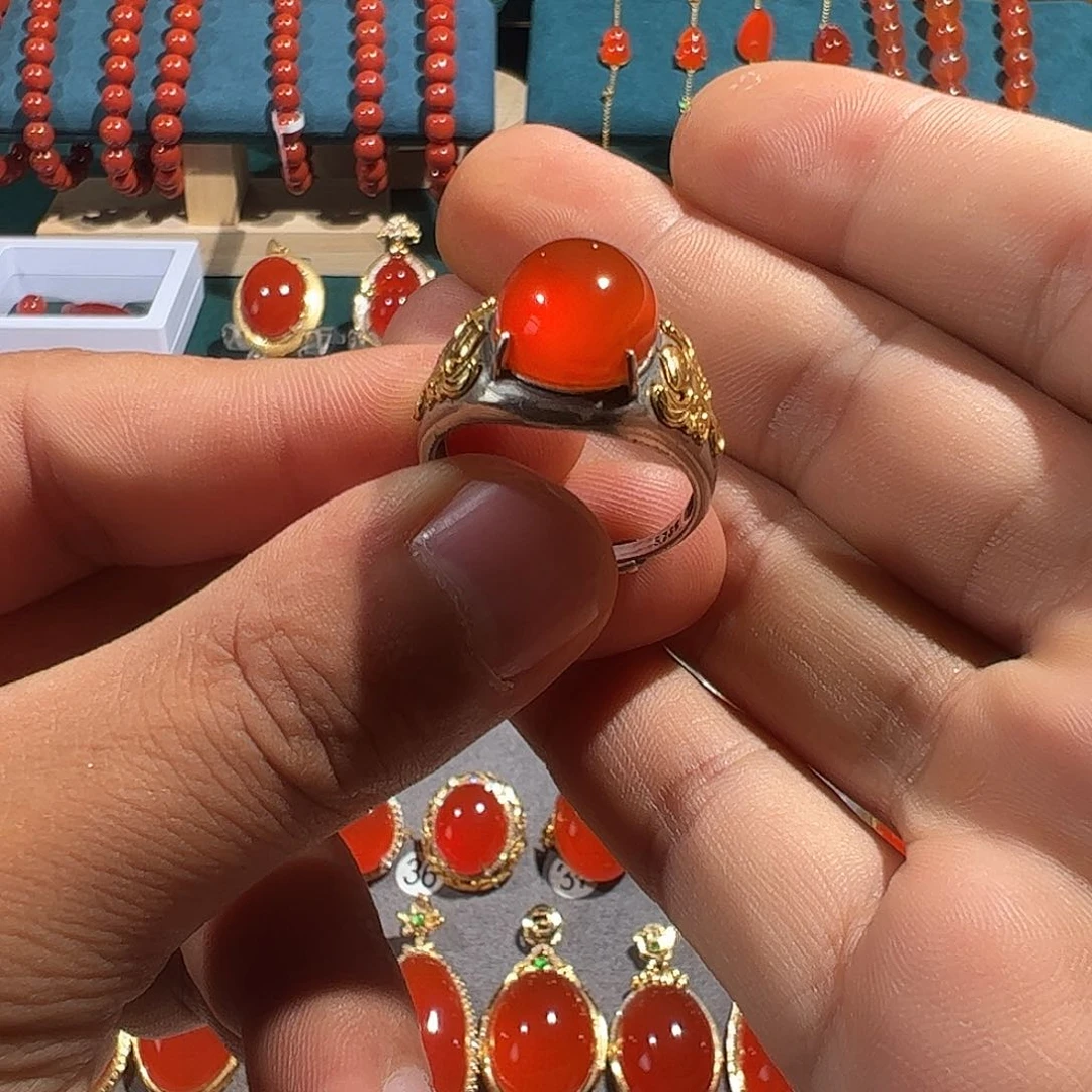 南红玛瑙银S925镶嵌戒指