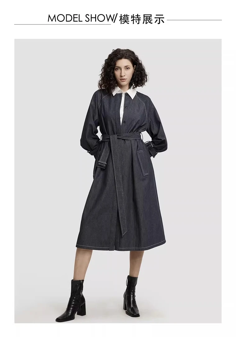 200斤设计师款牛仔风衣外套高腰系带明线长款牛仔上衣英伦风风衣