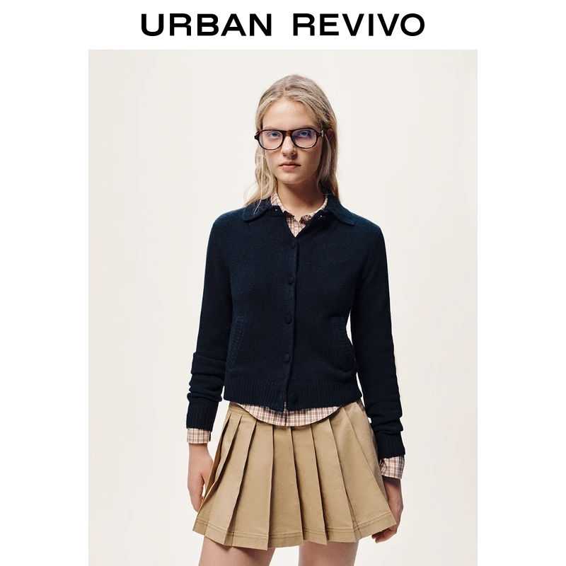 UR2025冬季新款女装简约休闲翻领纽扣针织开衫UYL950243