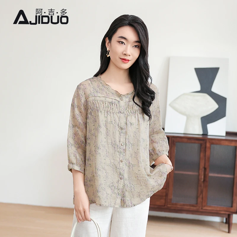 A65685阿吉多七分袖印花文艺衬衫女夏季新款捏褶淡雅气质大码上衣