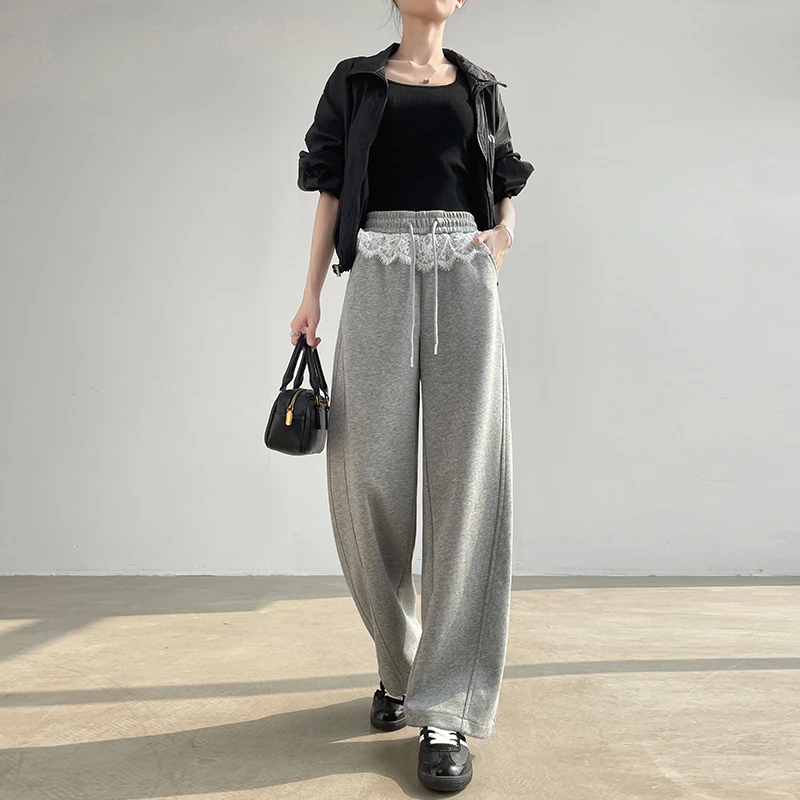 灰色蕾丝花边弯刀阔腿裤女春夏2025新款高腰宽松显瘦休闲香蕉卫裤