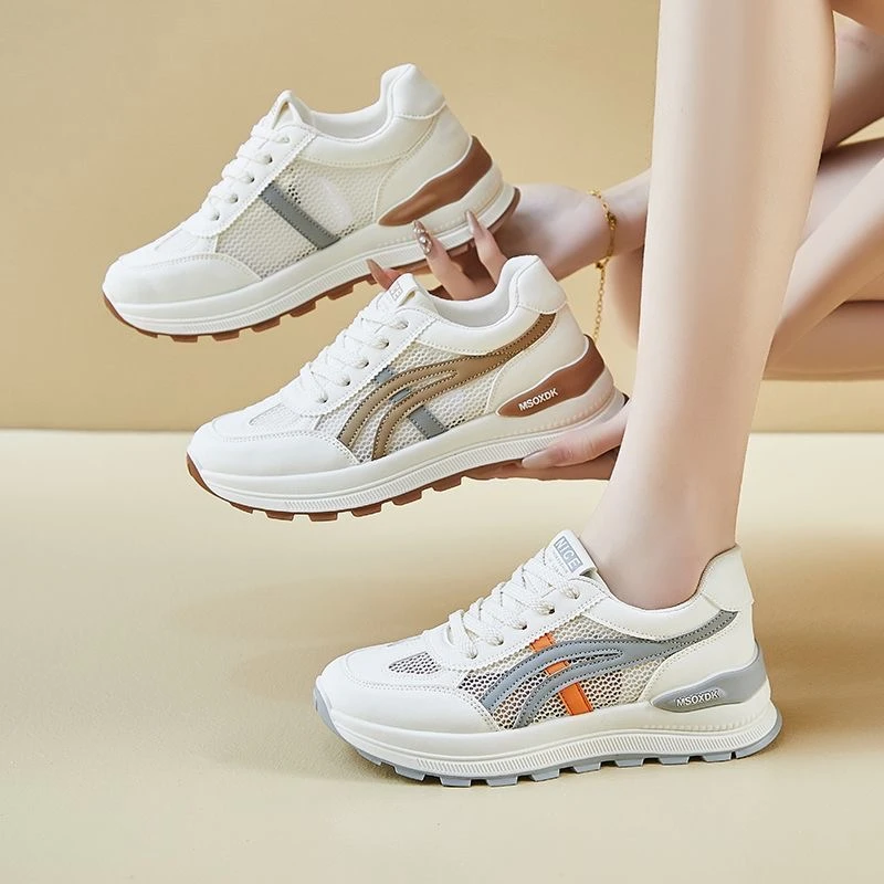 2025春夏新款网面透气小白鞋轻便百搭平底老爹鞋女时尚软底