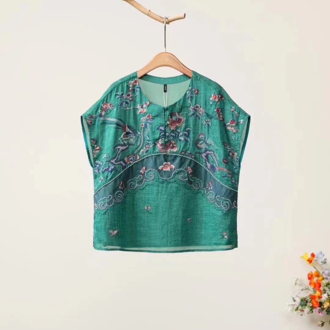 短款短袖夏季植物印染V领刺绣衬衫绿色圆领民族风中式苎麻上衣