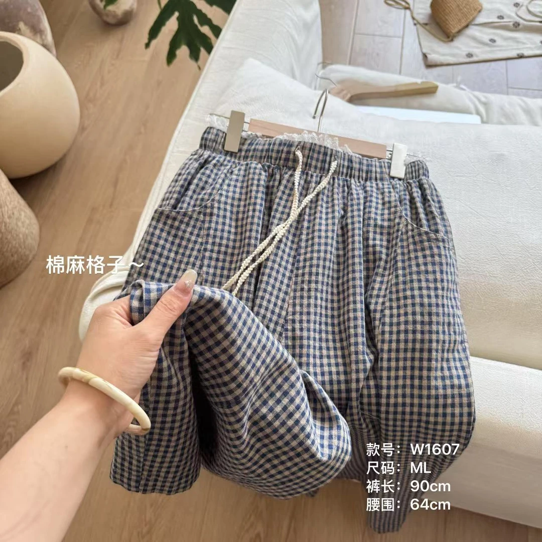 小文姐 W1607-夏季慵懒风休闲裤高腰显瘦百搭小个子直筒格子裤