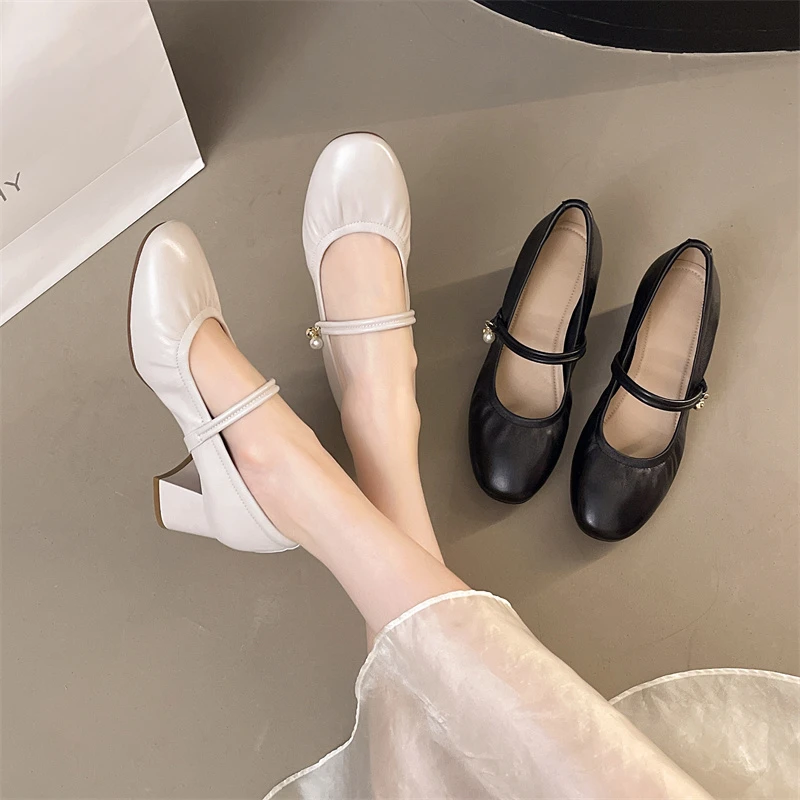 跟高5CM头层羊皮软皮软底不掉跟粗跟单鞋通勤搭裙子真皮高跟女鞋