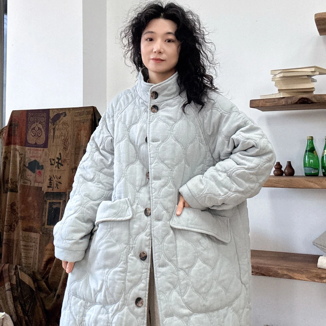 冬季新款百搭宽松菱形格棉服外套加厚中长款通勤宽大棉衣大衣9617