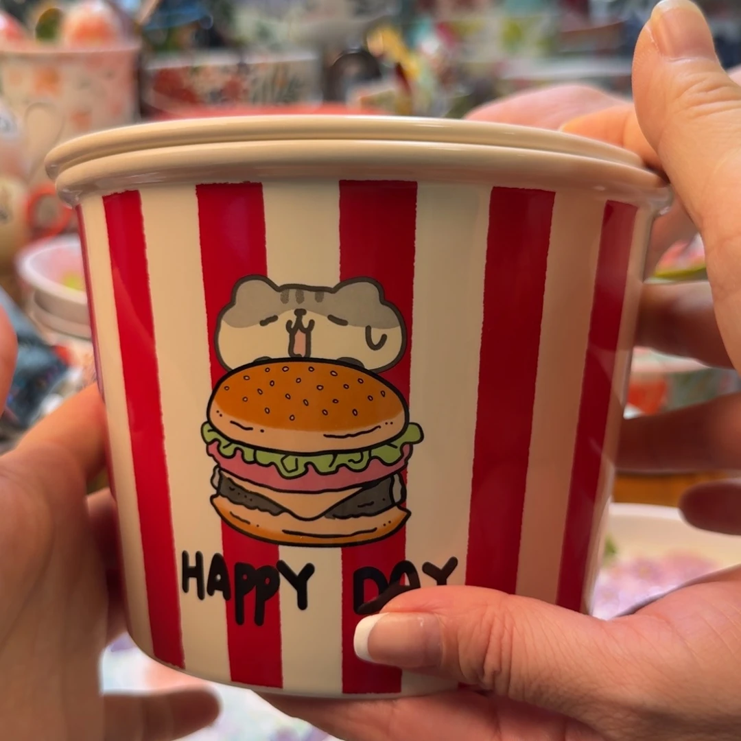 陶瓷条纹带盖泡面桶一只