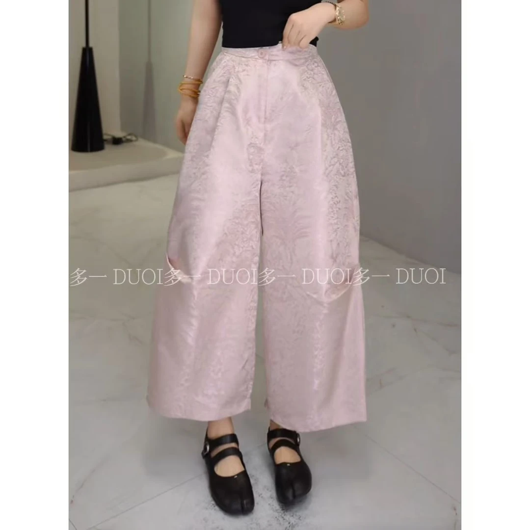 多一“桃夭”2025夏季时尚国风提花休闲裤捏褶垂感半松紧阔腿裤