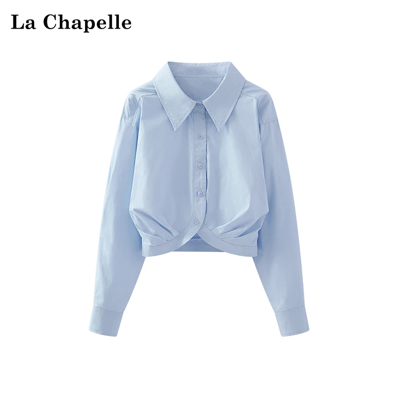 拉夏贝尔甜美粉紫色衬衣上衣翻领褶皱短款长袖衬衫女