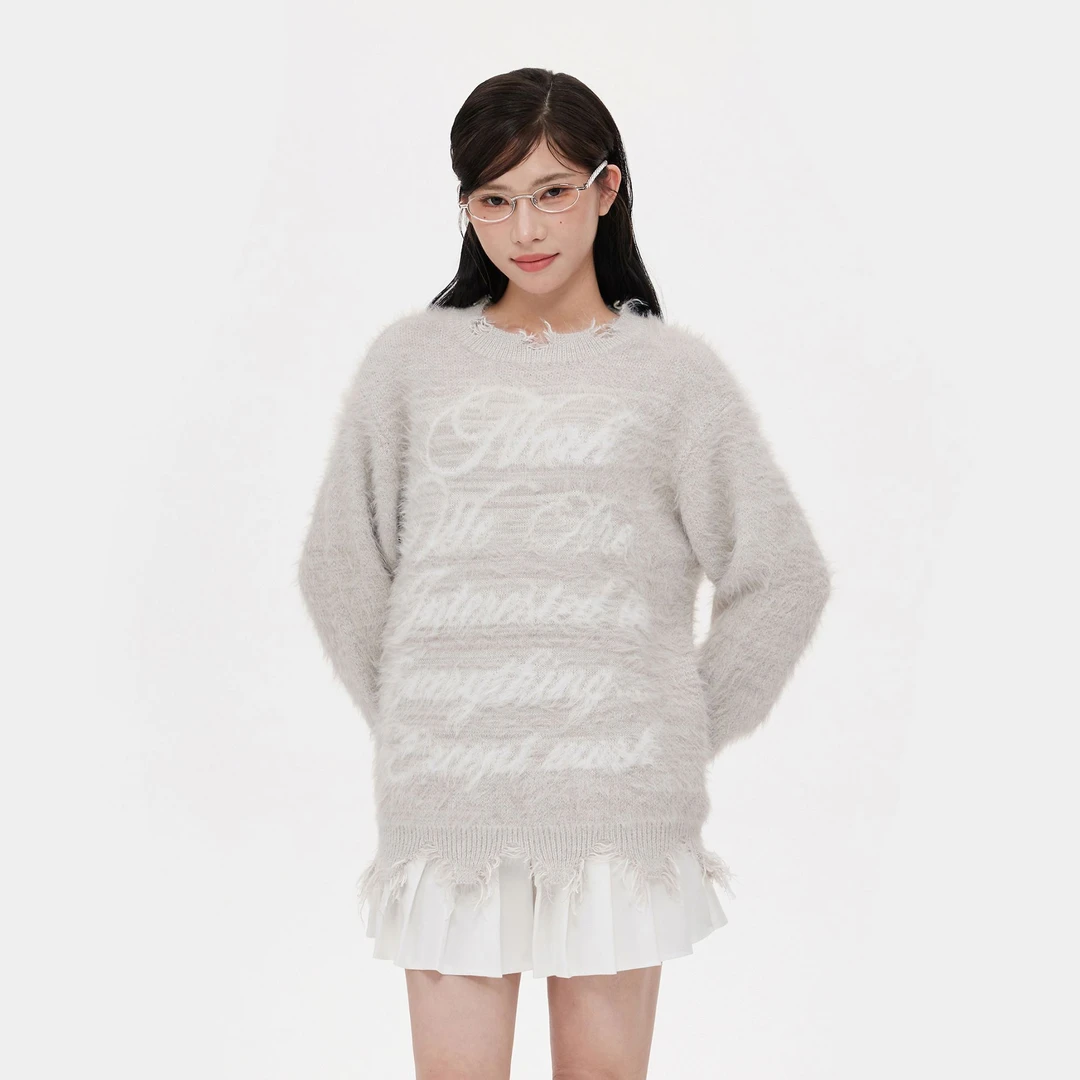 【清清】NCXK手绘字体提花毛衣破坏毛边设计慵懒宽松750克重MY194