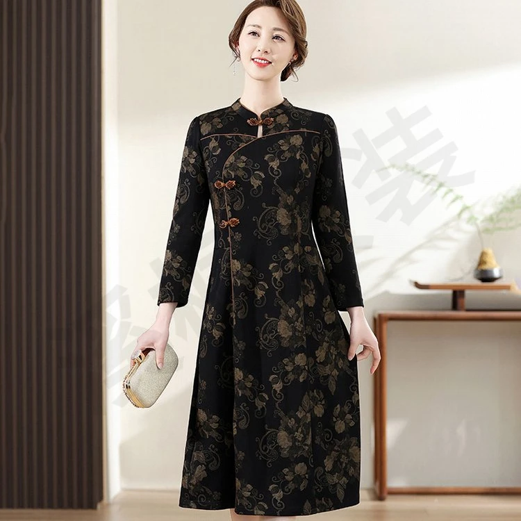 气质妈妈装春季长袖连衣裙中老年女改良旗袍洋气加肥加大码裙子