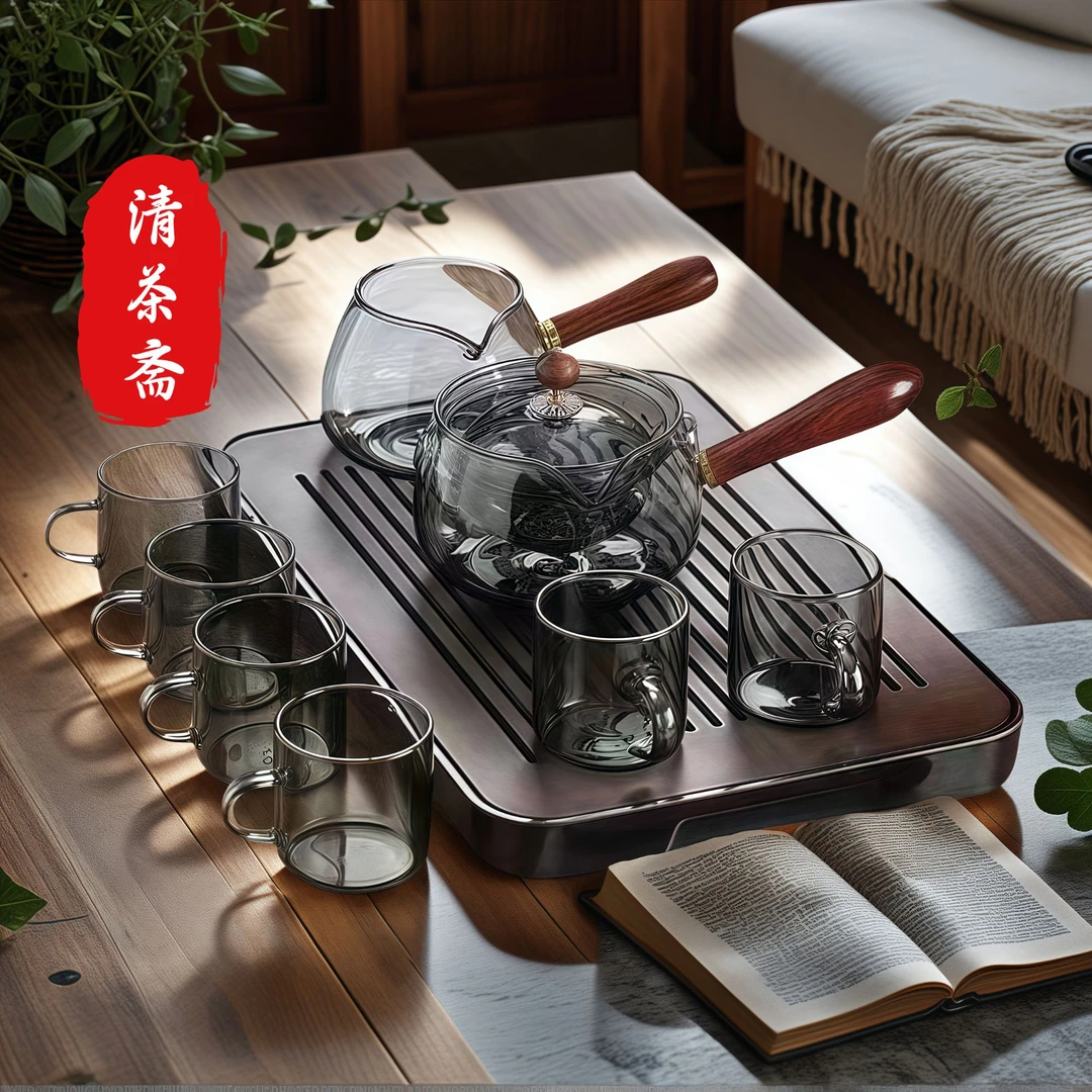 茶具家用茶壶水具玻璃杯透明创意简约大容量托盘喝水杯耐热