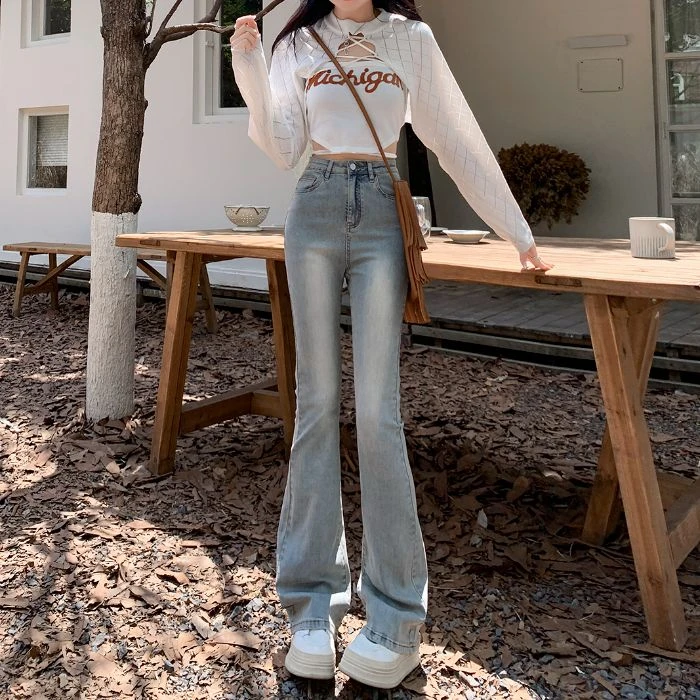 高腰喇叭牛仔裤女马蹄裤2025年初秋新款弹力修身显瘦小个子微喇裤