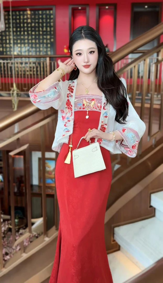 【媛珠 牡丹云裳】重工刺绣人丝国风新中式开衫+吊带裙套装红色夏季