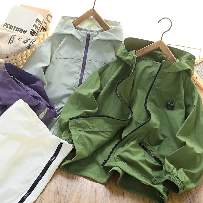 儿童夏新款防晒外套中大童纯色连帽拉链开衫男女童薄款速干皮肤衣