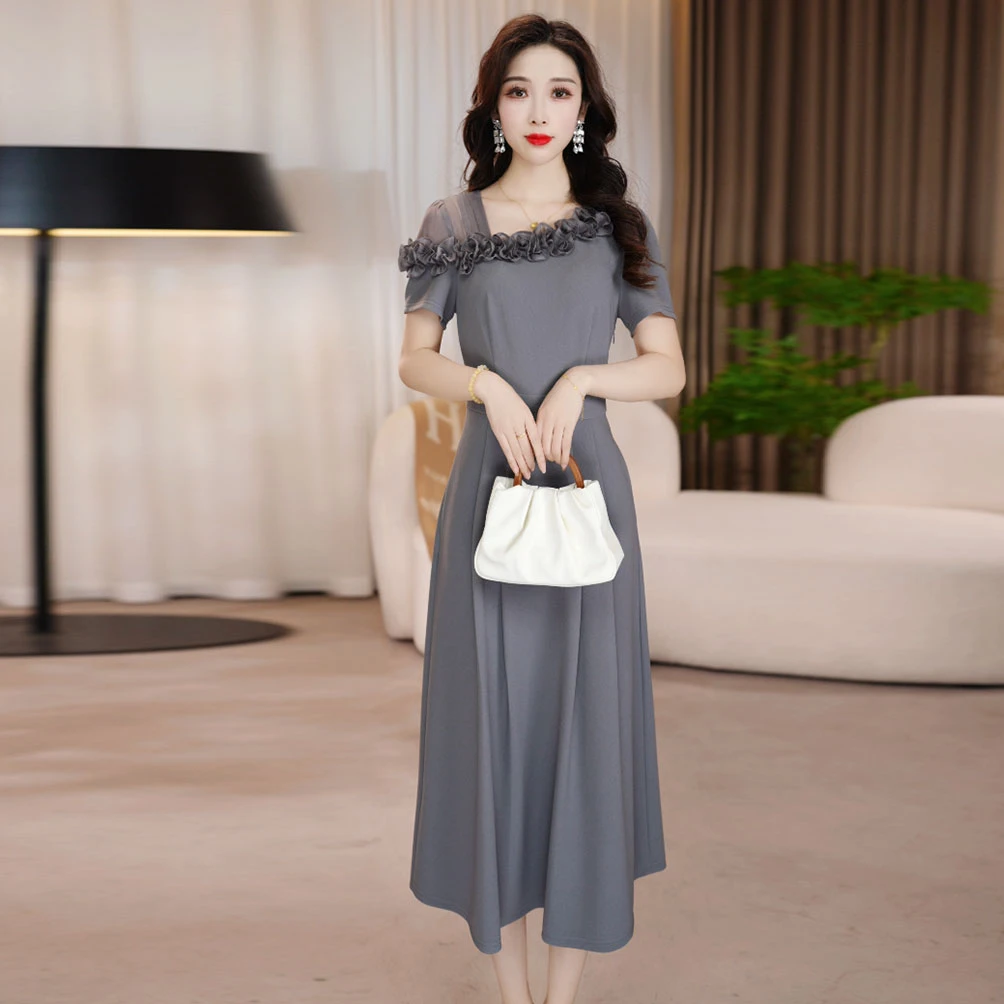 连衣裙显瘦气质时尚夏季灰色法式收腰修身显瘦气质时尚夏季