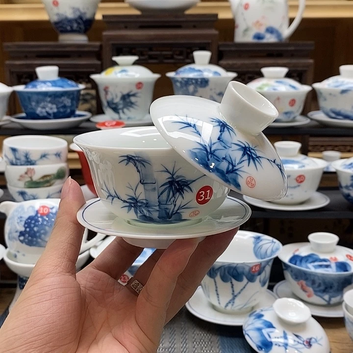 手绘竹子悬停150盖碗釉下彩微瑕福利款