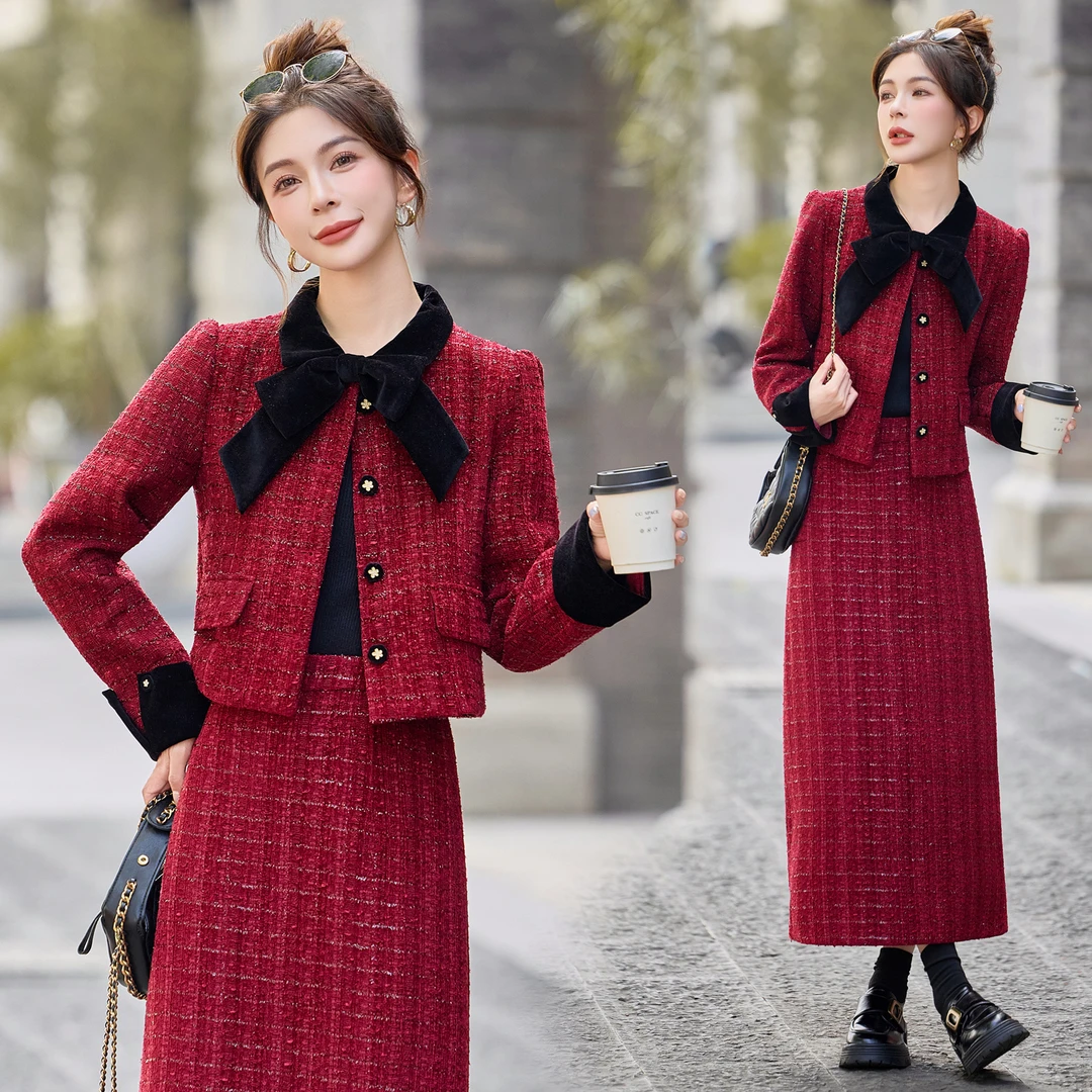 法式小香风毛呢套装裙女2025秋冬新款高级感气质减龄半身裙两件套