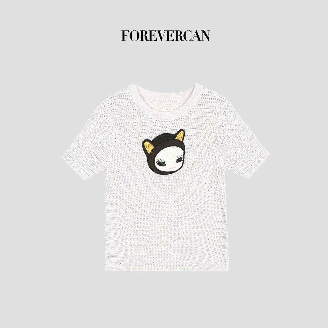 FOREVERCAN“睫毛娃娃”童趣感动漫钩编针织短袖T恤MY4686