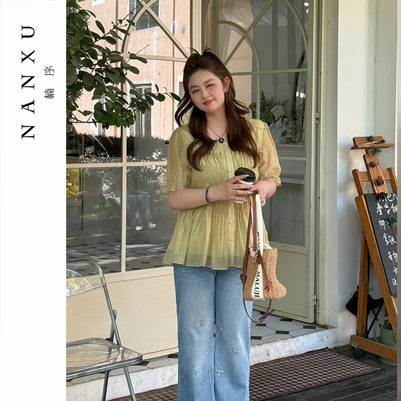 楠序源子微胖女装 泡泡袖上衣女衬衣女夏季薄款洋气衣服女YZ36283