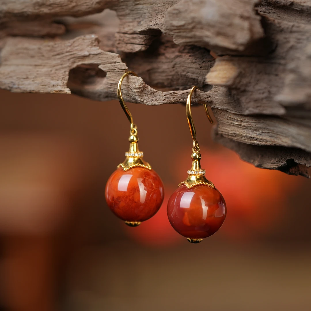 传世级 南红火焰纹玫瑰红耳坠 单珠14mm± 18K金 H19365 孤品一件