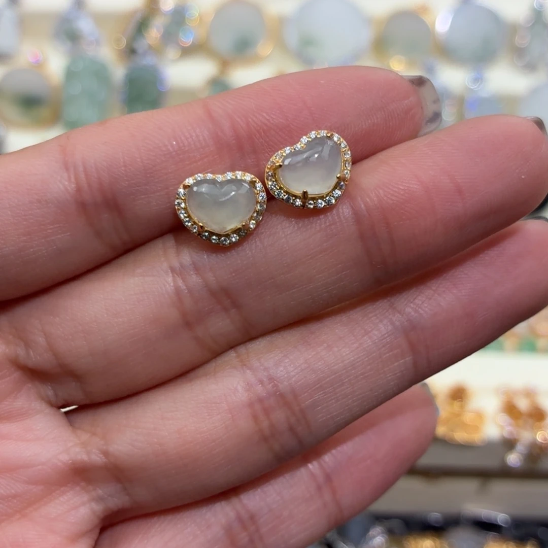 翡翠银S925镶嵌颈饰爱心耳钉