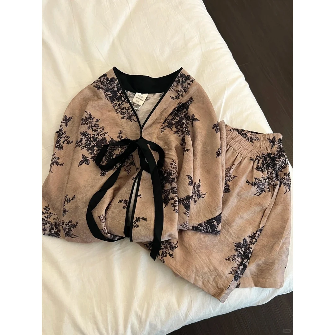 新国风慵懒感花卉绑绳国风睡衣女夏季新款大码长袖短裤家居服套装