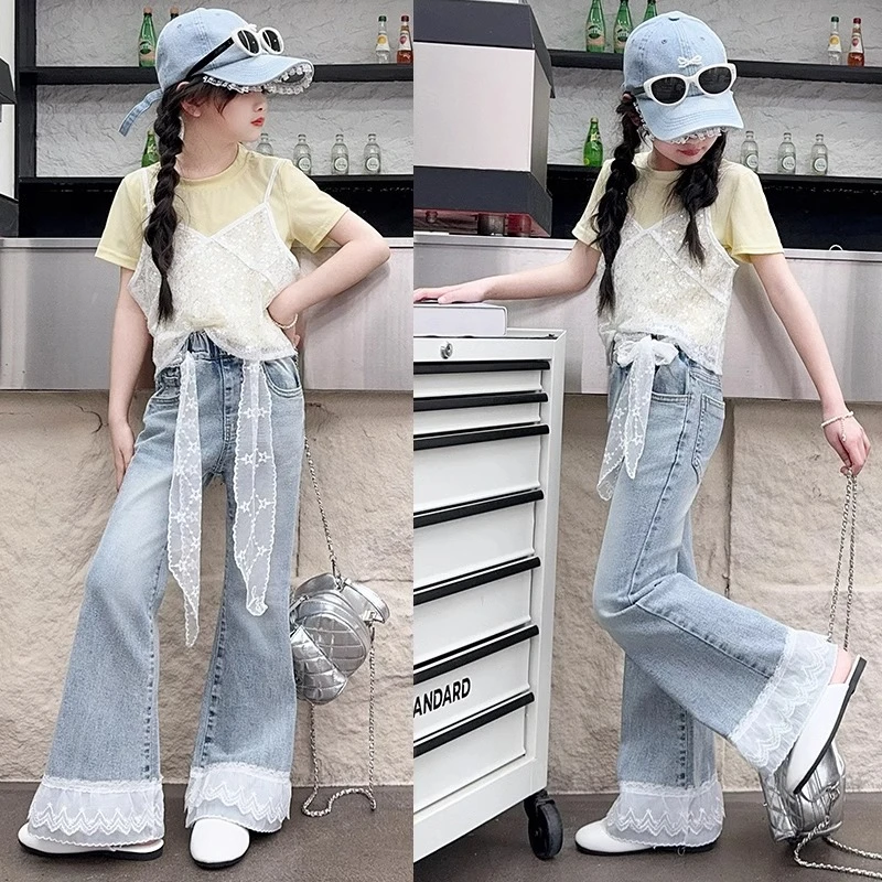 女童超好看套装夏季2025新款女孩大童韩系短袖t恤喇叭裤夏日穿搭9