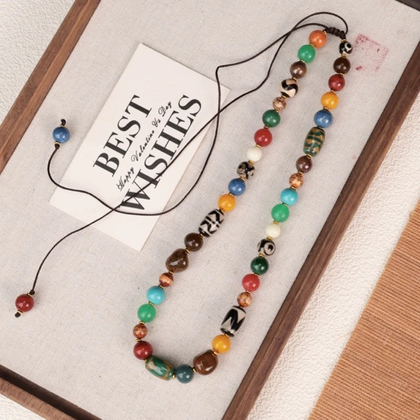 合金琉璃项链 LZ3473-3藏式珠珠彩色多宝满串琉璃绳编项链