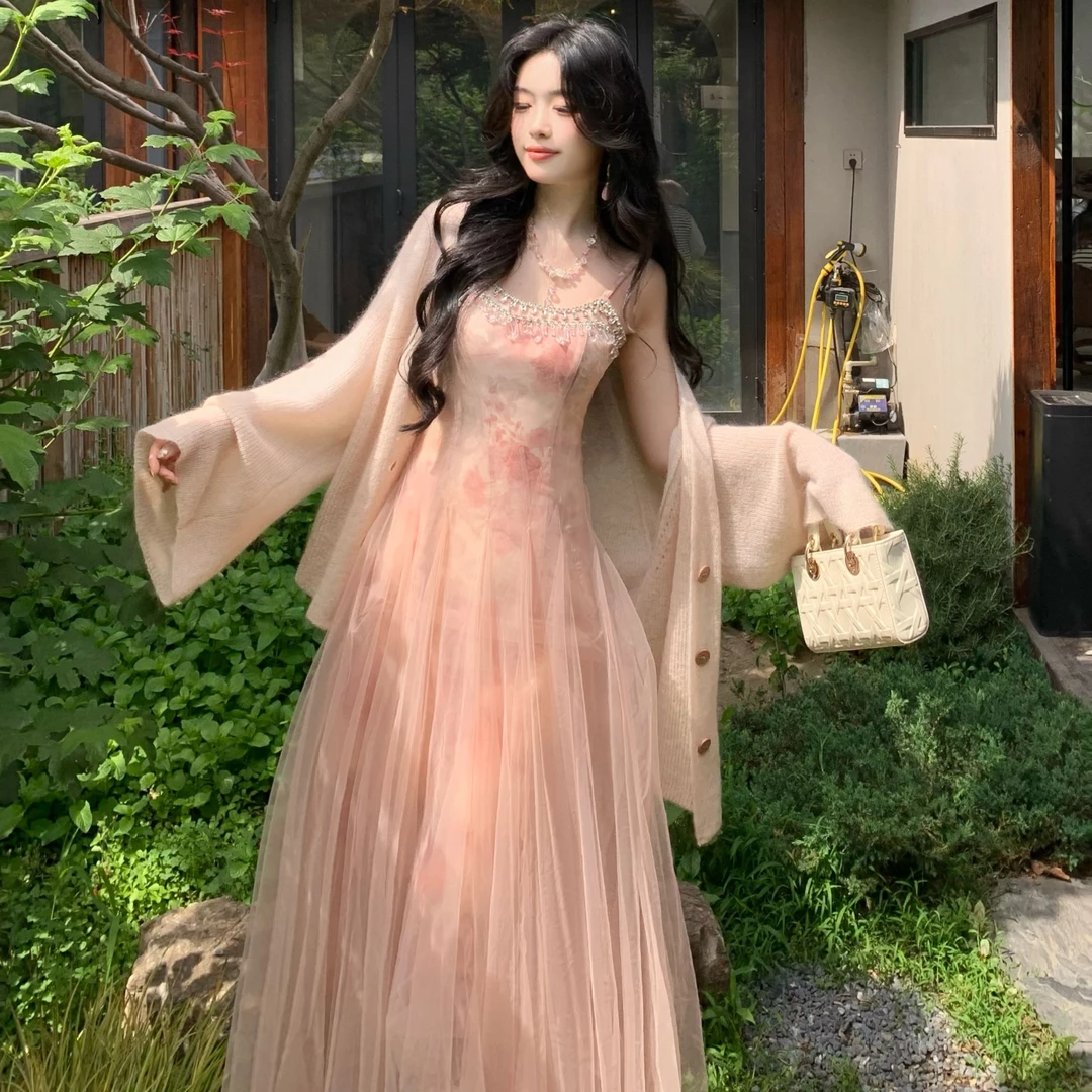 Blovelan幽梦浮岚 仙气温柔绝美粉色碎花长款网纱连衣裙