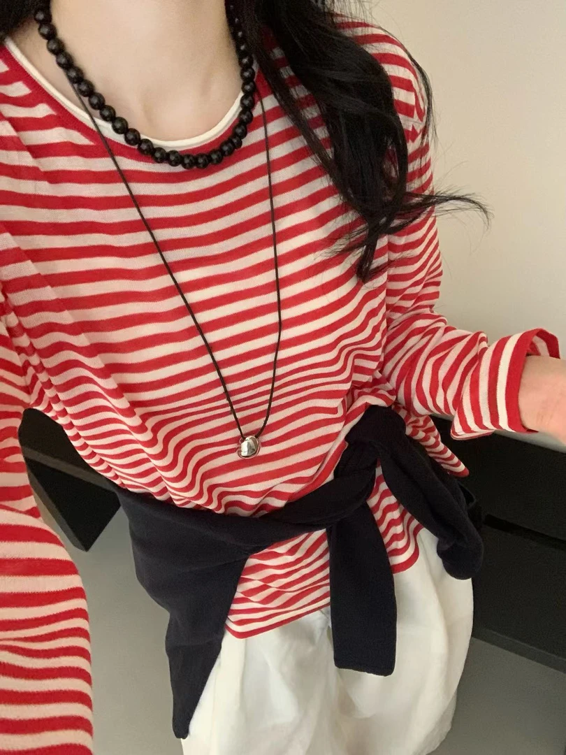 慵懒风长袖薄款圆领套头上衣常规打底衫毛针织衫秋季2988