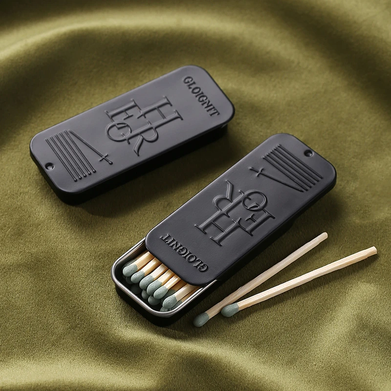 老式火柴黑色滑盖铁盒加长彩头洋火艺术字体浮雕家用创意轻奢礼物