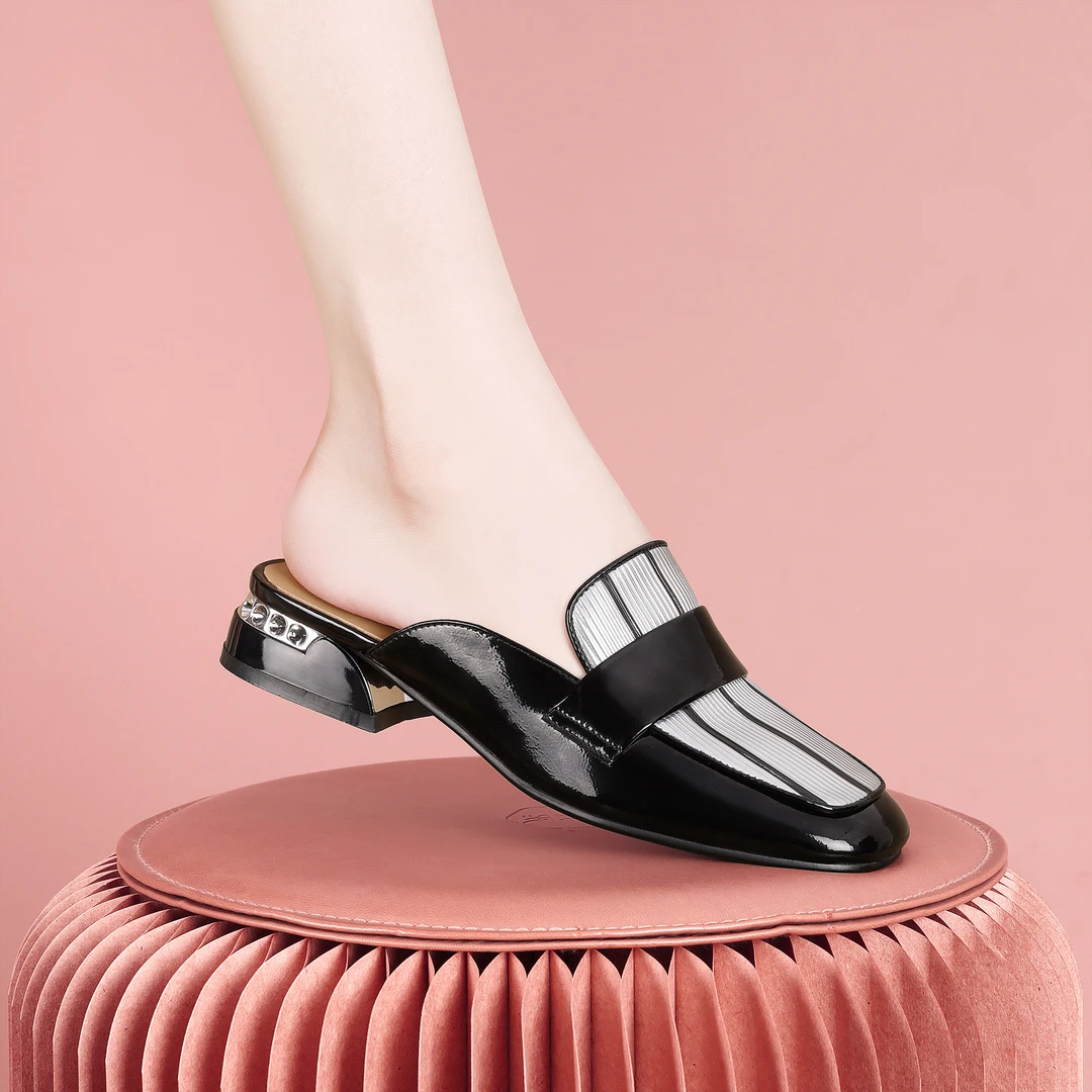 梵芮诗2024夏季新款方头拼色时尚简约穿搭粗跟低跟女凉拖鞋-H1023