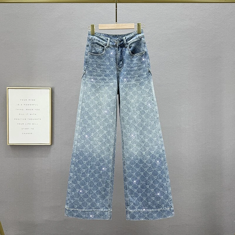 烫钻牛仔阔腿裤女年春季新款高腰宽松显瘦欧货加长拖地裤