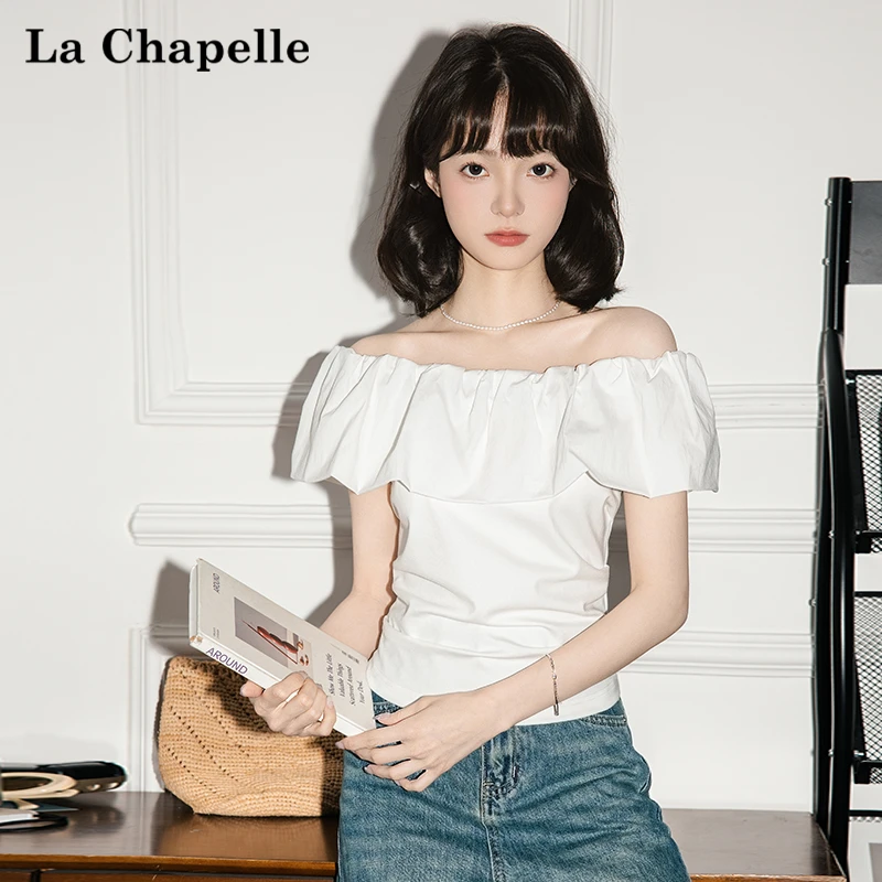 拉夏贝尔法式纯欲一字领露肩修身显瘦荷叶边小个子短款短袖女上衣