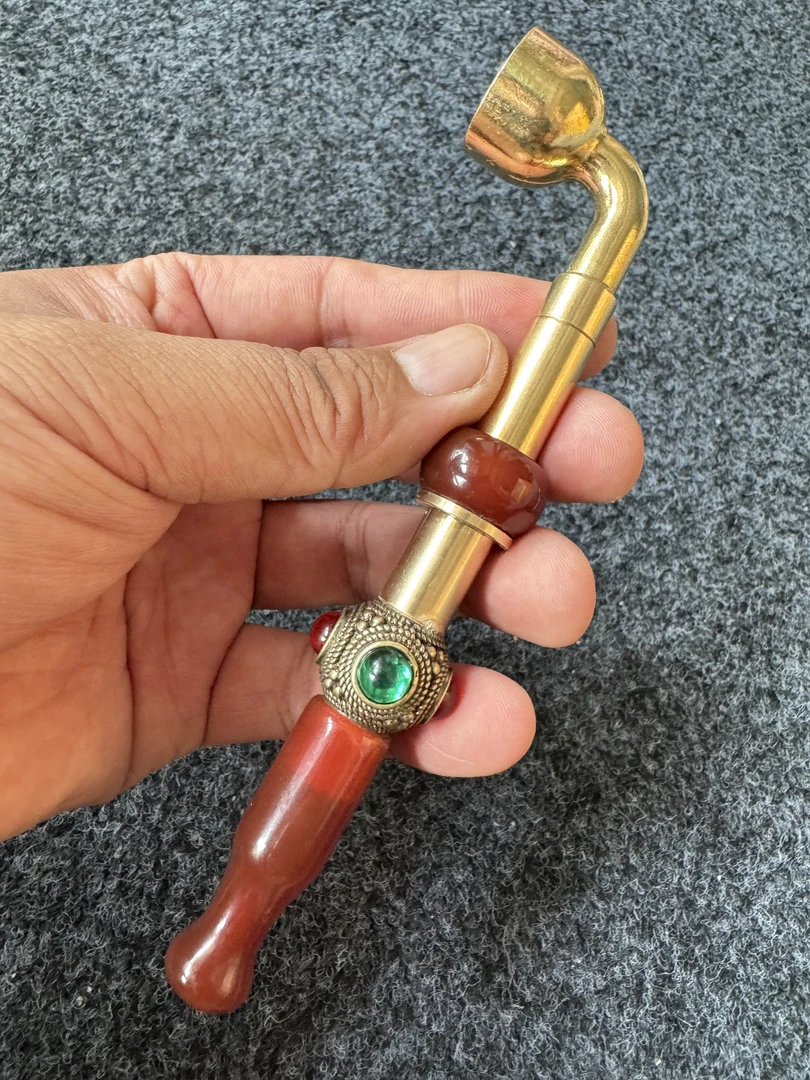 老式旱烟袋15.5cm纯黄铜小烟锅红玛烟嘴带过滤可拆卸清洗老人礼品