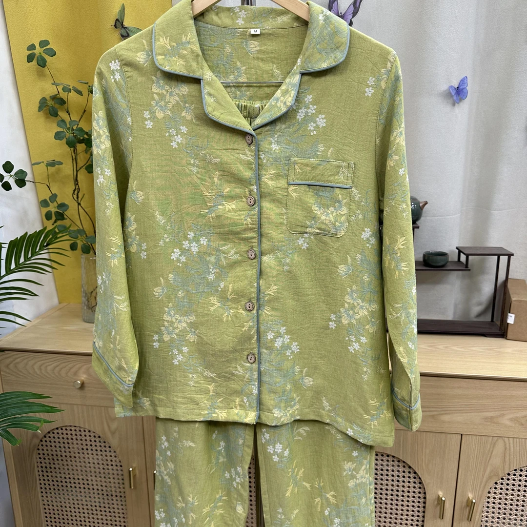 鸣翠柳-翻领国风夏季全棉双层纱睡衣家居服套装清凉柔软舒服