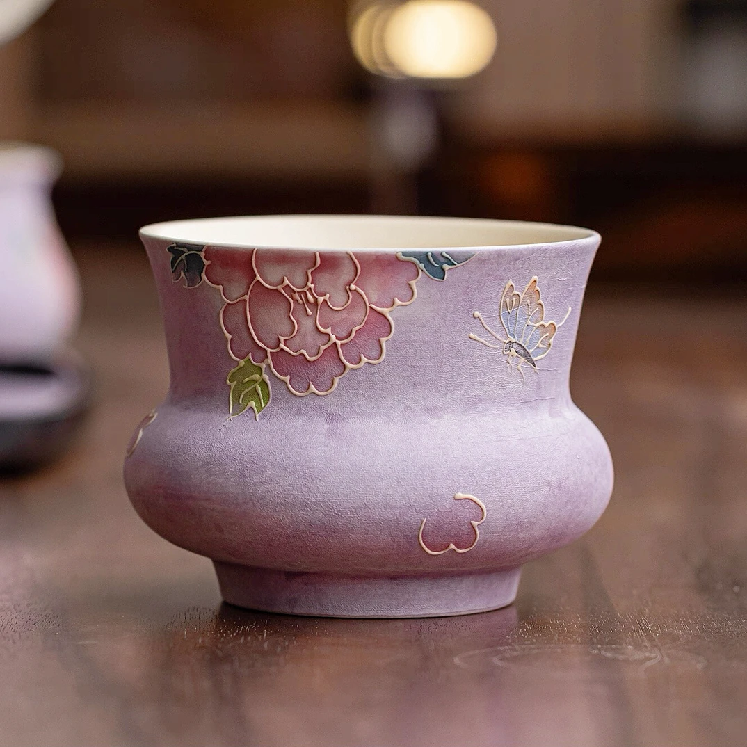 高脚高端手绘紫粉牡丹建水精致家用陶瓷水盂茶洗茶渣缸废水桶茶具