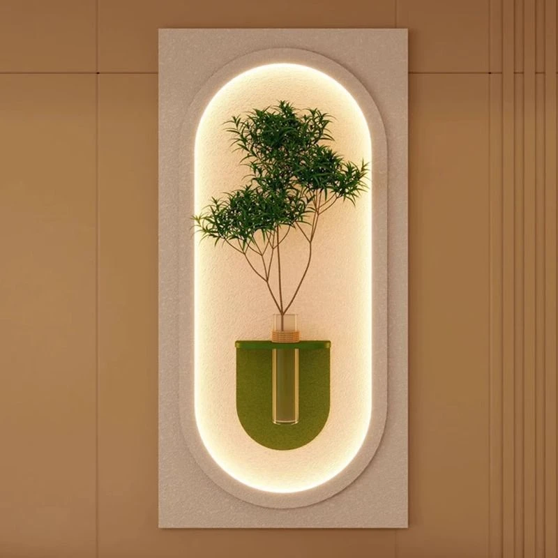 玄关墙壁画奶油风水培绿植砂岩画装饰发光灯客厅背景墙玄关走廊