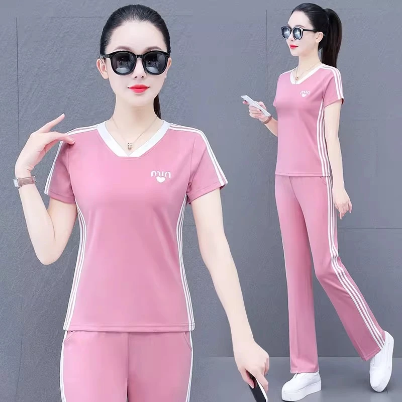 时尚休闲运动服套装女2025夏季新款洋气显瘦减龄短袖直筒裤两件套