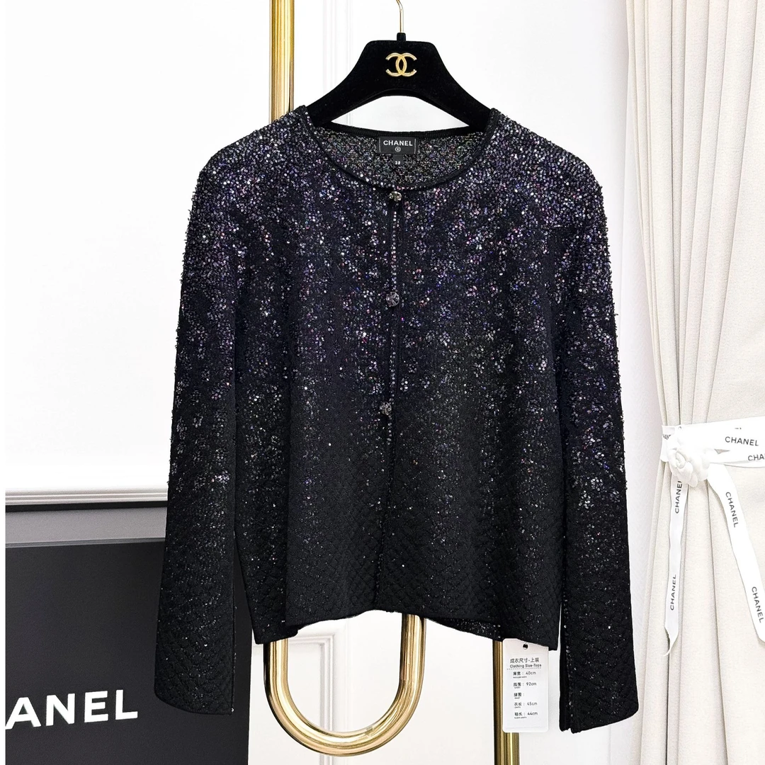 99新 Chanel/香奈儿 38码 黑色拼银色 亮片 长袖 针织 开衫