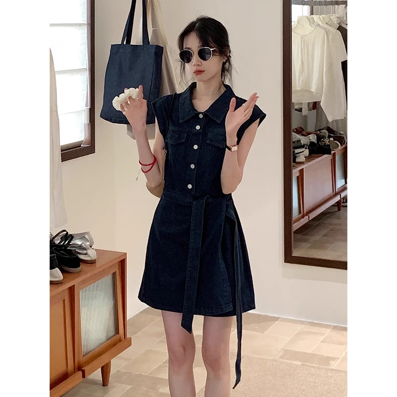 韩系复古牛仔连衣裙女夏2025新款法式设计感收腰显瘦a字短裙子潮