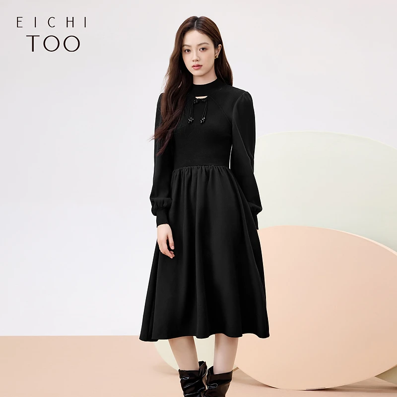 爱居兔女冬黑色长袖针织衫新中式连衣裙EQLSJ4P004A