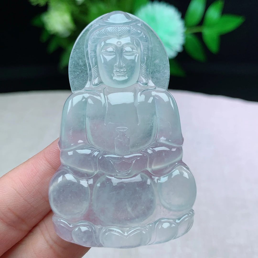 z缅甸天然翡翠A货69.5-42.9-6.1玉石正冰白冰观音菩萨吊坠礼物